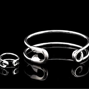 Sterling Silver Safety Pin Bangle Bracelet With Matching Ring
